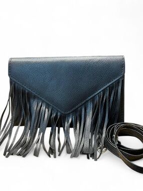 Black Pebbled Leather Fringe Envelope Crossbody Bag / Clutch